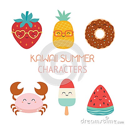 cartoon set of kawaii summer characters isolated Vector Illustration