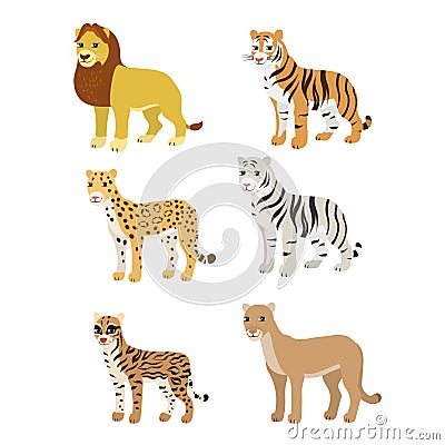 Cartoon set lion tiger leopard white tiger puma ocelot. Vector Illustration
