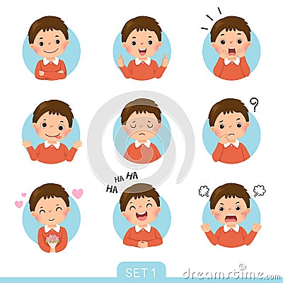 Cartoon set of a little boy in different postures with various emotions. Set 1 of 3 Vector Illustration