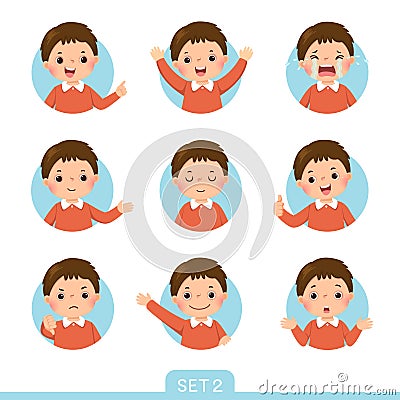 Cartoon set of a little boy in different postures with various emotions. Set 2 of 3 Vector Illustration