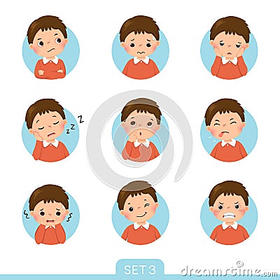 Cartoon set of a little boy in different postures with various emotions. Set 3 of 3 Vector Illustration