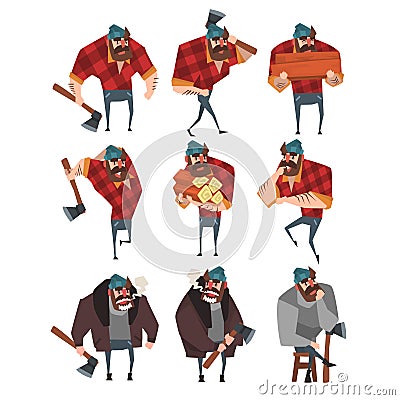 Cartoon set of lumberjack in different actions. Woodcutter with axe. Strong bearded man in hipster plaid shirt, jeans Vector Illustration