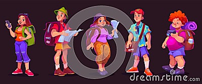Cartoon set of male and female tourist characters Vector Illustration