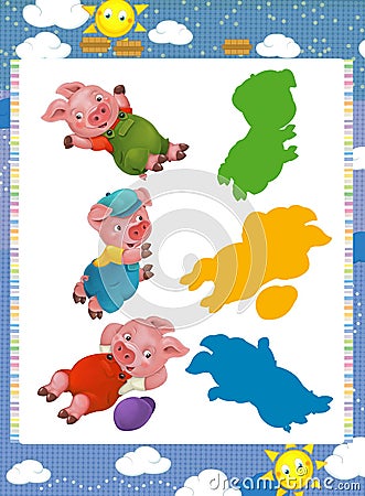 Cartoon set of medieval animal characters young pigs - searching game with shadows Cartoon Illustration