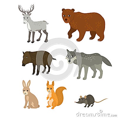 Cartoon set: northern deer bear boar wolf rabbit squirrel mouse Vector Illustration