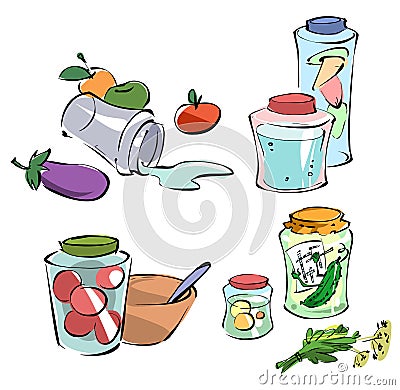 Cartoon set of pickled jars with vegetables, fruits, herbs and berries. Autumn pickles Vector Illustration