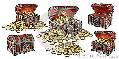 Cartoon set of pirate treasure chests open and closed, empty and full of gold coins and jewelry. Pile of golden money Vector Illustration