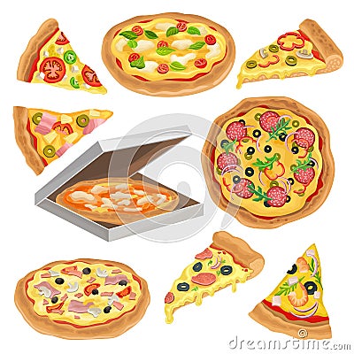 Flat vector set of round pizza, triangle slice and in cardboard box. Fast food theme. Element for promo poster, flyer or Vector Illustration