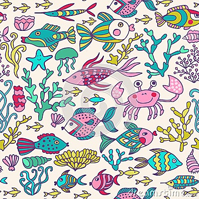 Cartoon set with sea live, vector set. Colorful sea animals, sea world seamless pattern, under water world wallpaper with fish, oc Vector Illustration