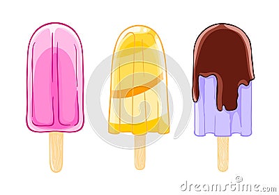 Cartoon set of three cool popsicles. Sweet ice cream isolated on the white background. Vector Illustration