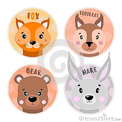 Cartoon set Vector Animals face,four objects fox, hare, bear, squirrel. Stock Photo