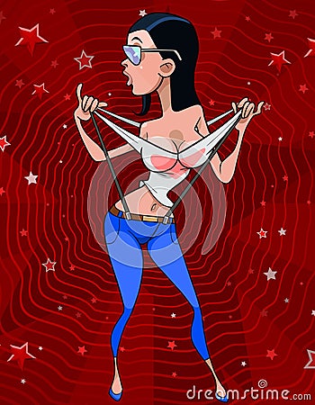 Cartoon sexy woman in jeans with suspenders eccentricly dancing Vector Illustration