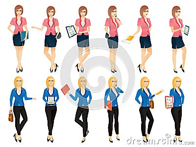 Cartoon young business woman or secretary in various poses Vector Illustration