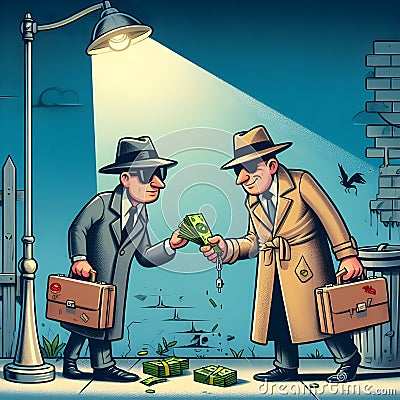 Cartoon shady deal masked villains spy agents cash briefcase night Stock Photo