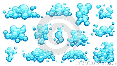 Cartoon shampoo foam set. Soapy bubbles and steam, shampoo foam and bubbles in shower, bubble foam and steam in water Vector Illustration