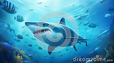 Cartoon shark playfully swims through the underwater world. AI Generative Stock Photo