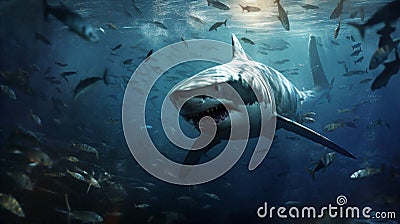 Cartoon shark playfully swims through the underwater world Stock Photo