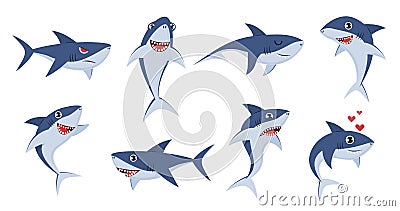 Cartoon sharks. Comic shark animals, cute character emotions, scary jaws and underwater ocean fish cheerful mascot for Vector Illustration