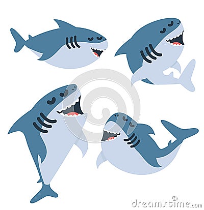 Cartoon sharks in different actions set Vector Illustration