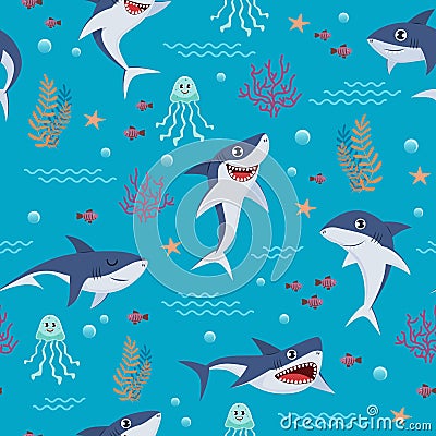 Cartoon sharks pattern. Seamless background with cute marine fishes, smiling shark characters and sea underwater world Vector Illustration