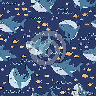 Cartoon sharks pattern. Seamless ocean swim, marine shark and sea underwater vector background Vector Illustration