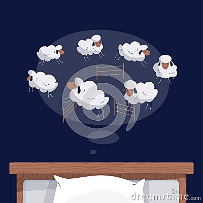 Cartoon sheep jumping over fence on night background. Trying to sleep, counting the sheep, insomnia, sleep disorder Vector Illustration