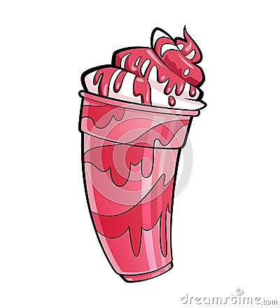 Cartoon shiny strawberry or cherry milkshake with syrup and cream Stock Photo