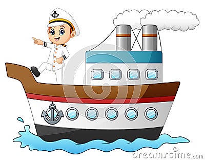 Cartoon ship captain pointing on a ship Vector Illustration