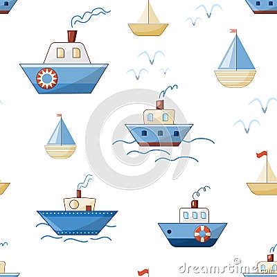 Cartoon ships, boats, steamers and yachts with waves and seagulls Vector Illustration