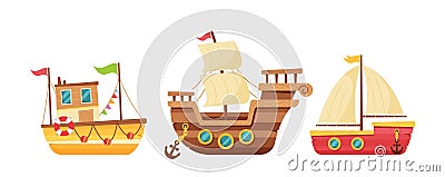 Cartoon Ships In Cute Childish Style. Brigantine, Longboat And Sailboat Or Yacht. Funny Water Transportation Modes Vector Illustration