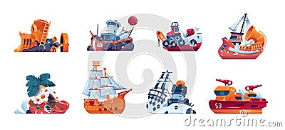 Cartoon ships. Fairy tale boats. Marine vessels. Isolated cruise yacht and warship. Fantastic sea transport collection Vector Illustration