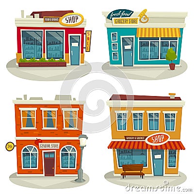 Cartoon shop building set isolated on white, vector illustration Vector Illustration