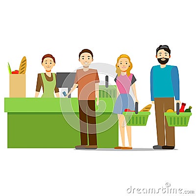 Cartoon Shopping in Supermarket People. Vector Vector Illustration