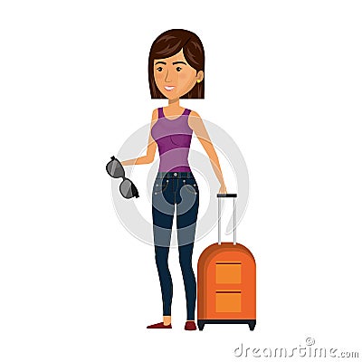 Cartoon short hair woman with travel briefcase and glasses Vector Illustration