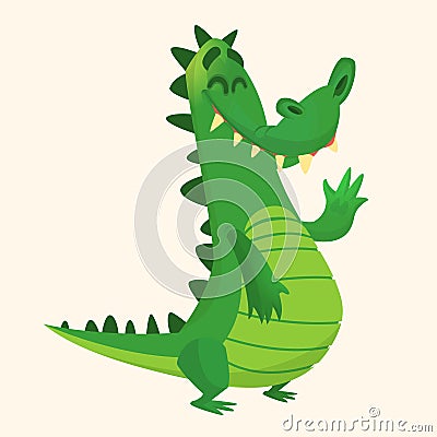 Cartoon shy crocodile smiling and waving. Vector character for sticker design or decoration Vector Illustration