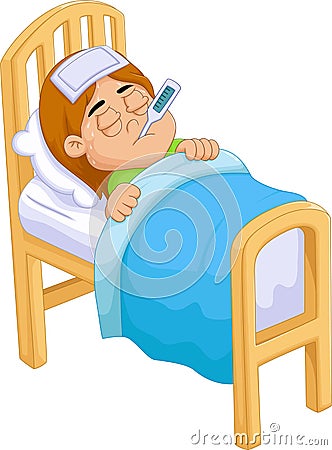 Cartoon Sick girl in bed Stock Photo