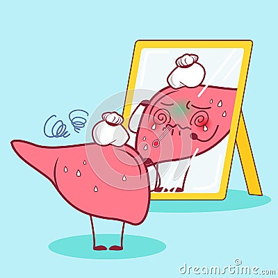 Cartoon sick liver look mirror Vector Illustration