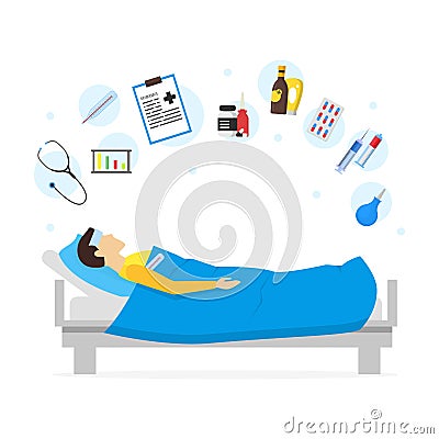 Cartoon Sick Man in Bed and Element Set. Vector Vector Illustration