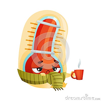 Cartoon Sick Thermometer Character in Scarf with Hot Drink Vector Illustration Vector Illustration