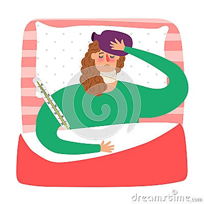 Cartoon sick woman lying in bed with thermometer Vector Illustration