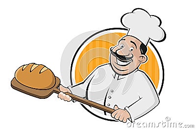 Funny cartoon sign of a baker holding a delicious bread Vector Illustration