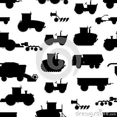 Cartoon Silhouette Black Agricultural Vehicles Seamless Pattern Background. Vector Vector Illustration