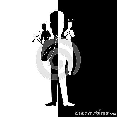 Cartoon Silhouette Black Character Man with Angel and Devil on Shoulders. Vector Vector Illustration