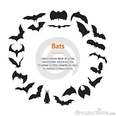 Cartoon Silhouette Black Different Bats Banner Card Circle . Vector Vector Illustration