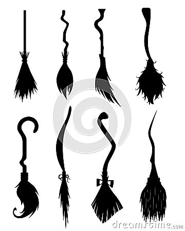 Cartoon Silhouette Black Different Brooms Icon Set. Vector Vector Illustration