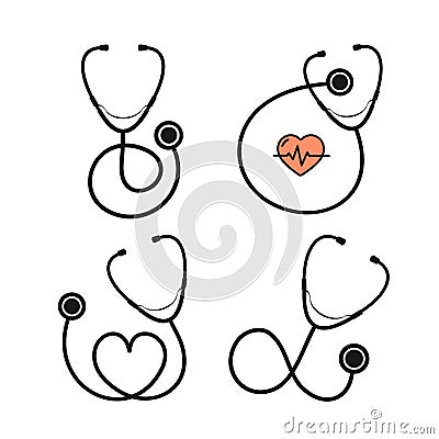 Cartoon Silhouette Black Stethoscope with Heart Set. Vector Vector Illustration