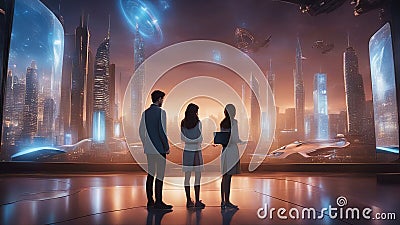 cartoon silhouette people in the night anime A futuristic city with flying cars and holograms, Stock Photo