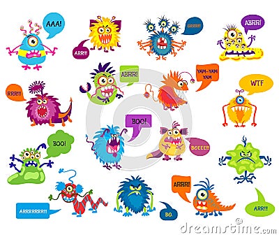 Cartoon silly monsters with funny inscriptions vector illustration Vector Illustration