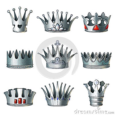 Cartoon Silver Royal Crowns Set Vector Illustration