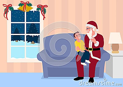 Cartoon Simple Flat Santa Grandpa Grandson on Lap Vector Illustration